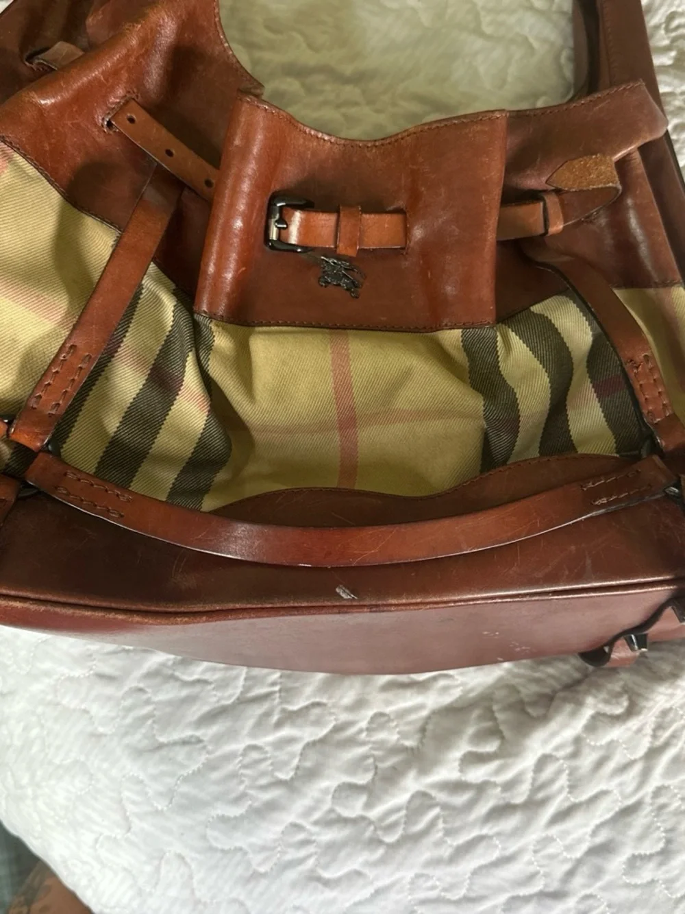 VINTAGE Burberry Brown Leather Shoulder Bag with Beige Check